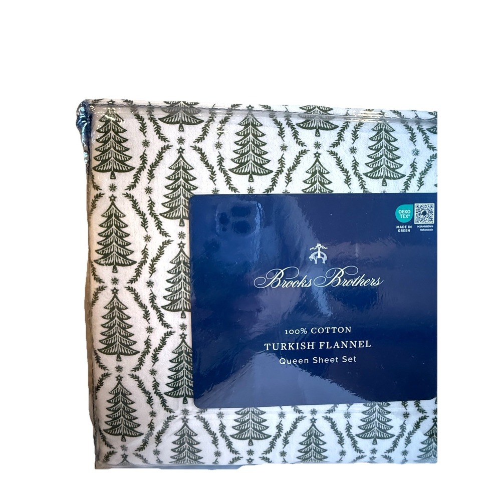 Brooks Brothers 4 PC Set Queen Sheet  Turkish Flannel Cotton Green Xmas Trees - Picture 2 of 4